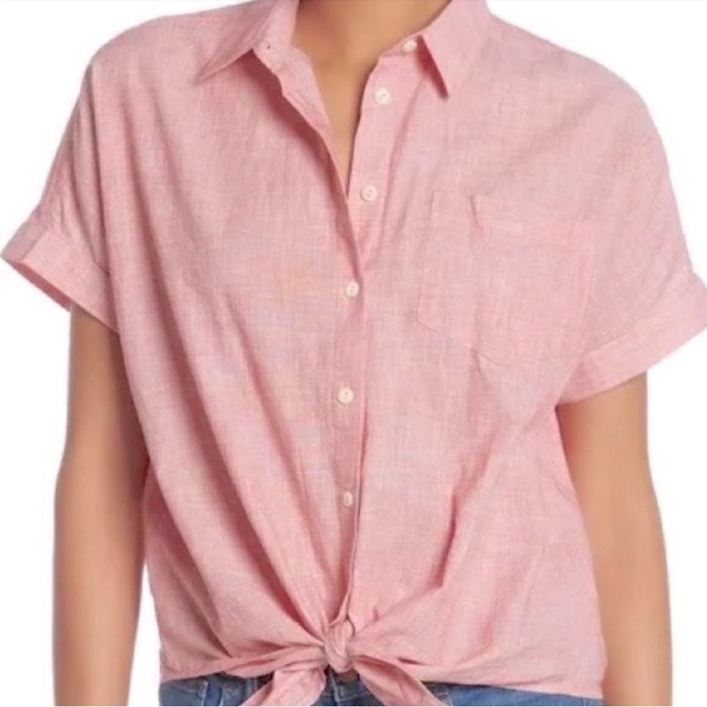 Madewell Paris Pink Tie Front Short Sleeve Linen Button Down Top Blouse M Medium